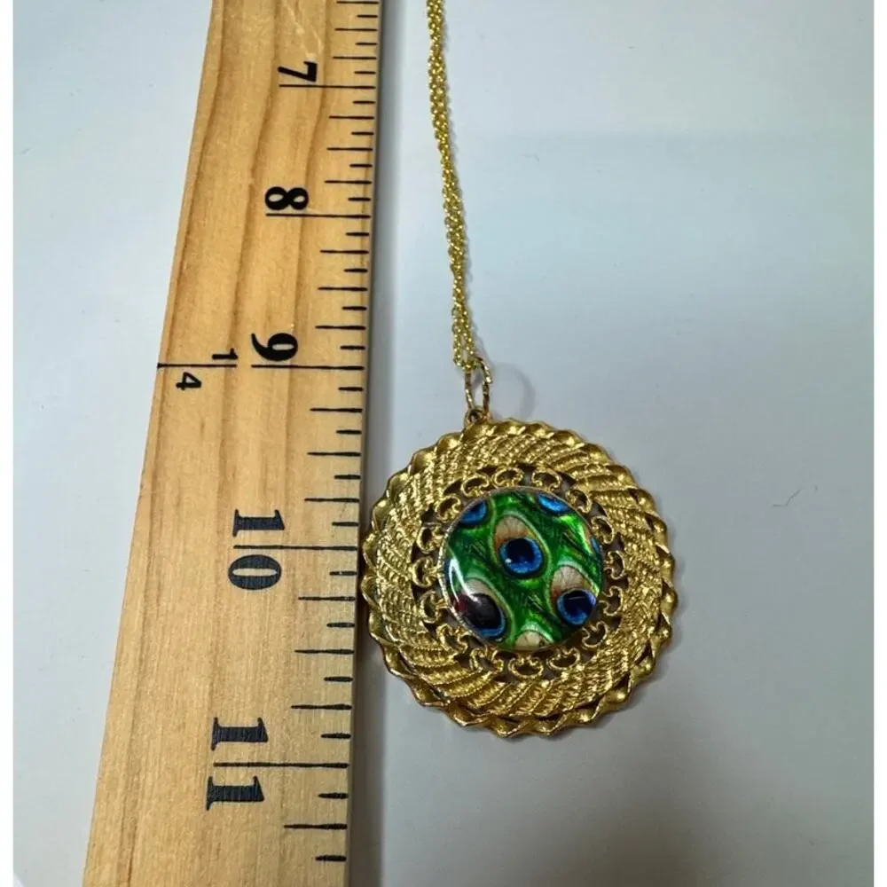 VNTG Gold Vermeil 925 Sterling Silver Peacock Feather Pendant Necklace Boho